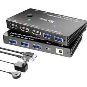 HDMI KVM-switch 2 PC 1 monitoren 8K @60Hz 4K @120Hz, ESKEVE USB3.0 KVM-switch voor 2 pc's die 1 monitor en 3 USB 3.0-apparaten delen, incl. USB-kabel, netadapter en kabelafstandsbediening