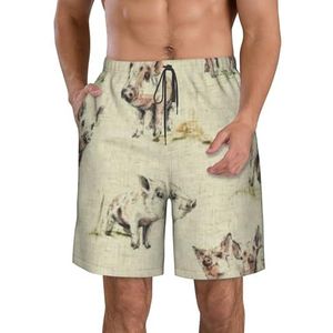 PHTZEZFC Varken achtergrond print heren strandshorts - zomer vakantie strand shorts casual lichtgewicht trekkoord, Wit, S