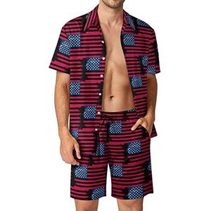 Vintage Amerikaanse Vlag Mannen Hawaiiaanse Bijpassende Set 2 Stuk Outfits Button Down Shirts En Shorts Voor Strand Vakantie