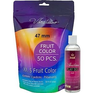 VIBRATISSIMO Condooms Fruit Color Set van 50 & glijmiddelen, hersluitbare zak, gevoelsecht, flinterzacht, b = 47 mm