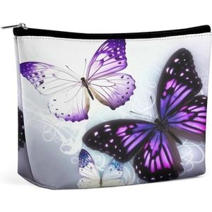 JKLQWH Lederen make-up tas waterdichte cosmetische tas voor vrouwen wit paars vlinders open platte toilettassen draagbaar zakje met rits make-up organizer tas voor reisaccessoires, wit paars