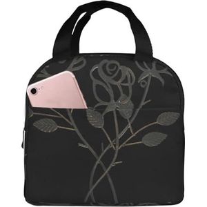 Metalen Rose Print Lunch Bag Geïsoleerde Lunch Box Tas Herbruikbare Tote Tas Voor Vrouwen Mannen Werk Kantoor Reizen
