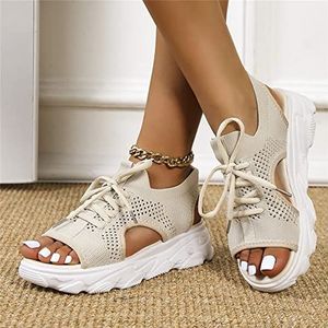 Dames Sport Dikke Zool Sandalen Zomer Lace Up Mesh Vis Mond Sandalen Casual Platform Wig Sandalen Elastische Wandelschoenen Open Teen Sneakers,Beige,US5/EU36