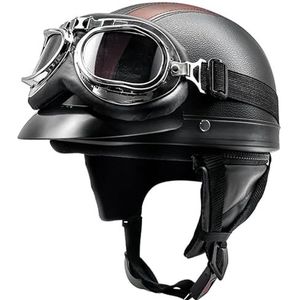 Half-motorfietshelm Retro Duitse handgemaakte lederen halfgezicht snelsluiting en bril - ECE/DOT goedgekeurde vintage open helm motor jethelmen voor cruiser-scooter 1,54-62CM