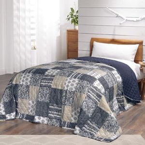 Sprei patchworkdeken Mellow Blue in vintage design, tweepersoonsbed sprei in patchwork-stijl, 220x240 cm
