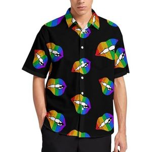 Gay Pride Glitter Lippen Zomer Heren Shirts Casual Korte Mouw Button Down Blouse Strand Top met Zak L