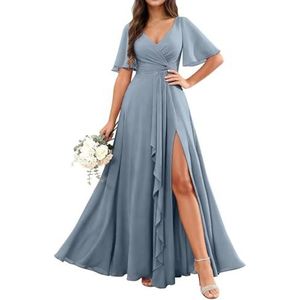 KURFACE Chiffon bruidsmeisjesjurken met mouwen split ruches lange bruidsmeisje formele avondjurk, Dusty Blauw, 32