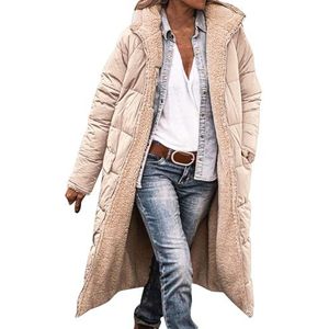 HaicoM Gewatteerde jas dames lange winterjassen voor vrouwen fleece gevoerde jas dames modieuze warme windbestendige jas lichtgewicht pufferjassen dames lange mouw hoodie gewatteerde jas, Beige, S