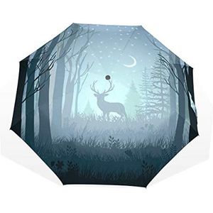 Rootti 3 Vouwen Lichtgewicht Paraplu Bos Herten en Maan Een Knop Auto Open Sluiten Paraplu Outdoor Winddicht voor Kinderen Vrouwen en Mannen