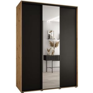 MEBLE KRYSPOL Cannes 3 Moderne Kledingkast met 3 Schuifdeuren met Bar, Planken en Spiegel - Opbergkast voor Slaapkamer, Woonkamer - 205,2x180x60 cm - Artisan Black Zwart