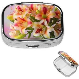 Pillendoos Geneeskunde Pil Organizer Alstroemeria Kleine Pil Case Reizen Pil Container Draagbare Pillendoos voor Pocket 2 Compartiment Pillenhouder Pillendozen voor Reizen