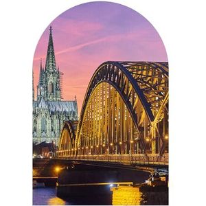 DEQORI Wandbehang, rond, zelfklevend, 120 x 180 cm, motief Keulse monumenten 's avonds, textielcanvas, verwijderbaar, decoratief en vormvast, voor woonkamer, kantoor, hal of kinderkamer