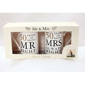 50e gouden bruiloft verjaardag cadeau set van 2 mokken""Mr Right & Mrs Always Right"" geschenken