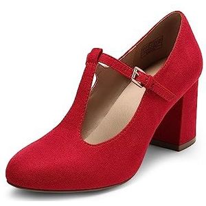DREAM PAIRS - T-Strap Mary Jane Pumps - Rood - Lage Chunky Hakken