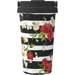 EdWal Zwart witte strepen rode roos bloemen print 500 ml koffiemok, geïsoleerde campingmok met deksel, reisbeker, geweldig voor elke drank
