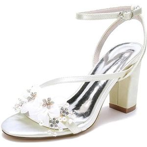 GHSIRUEU Vrouwen Open Teen Hak Sandalen Bloem Parel Strap Grote Hak Enkel Gesp Zomerschoenen Bruiloft Pompen,ivoor,36 EU