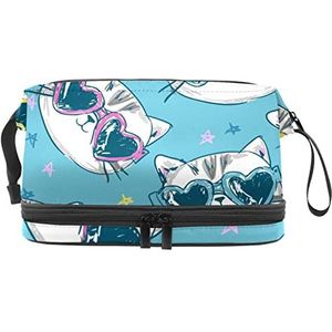 Dubbellaags Cosmetische Tas Kat in Zonnebril Draagbare Make-up Tas Reizen Organizer Pouch Voor Vrouwen Meisjes Toiletries Tassen, Meerkleurig, 27x15x14 cm/10.6x5.9x5.5 in, Make-up zakje