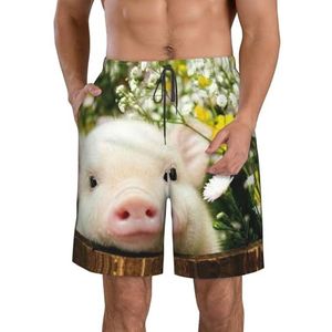 PHTZEZFC Rape Flower Pig Print strandshorts voor heren, zomershorts met sneldrogende technologie, licht en casual, Wit, L