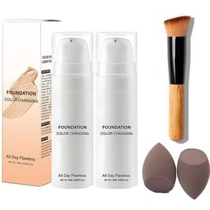 Temperatuurveranderende Foundation, Kleurveranderende Foundationbasis, Huidskleur Aanpassende Crème Volledige Dekking, Langdurige Waterproof, Met Make-Upkwasten En Puff (Huid, 2Set)