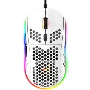 Lichte RGB-gamingmuis, 6 programmeerbare toetsen, 6 RGB-achtergrondverlichtingsmodi en 6400 dpi instelbaar, USB bekabeld, plug & play, compatibel met Windows, Mac, laptop, PS4, XBox, Wit
