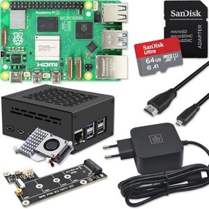 Raspberry Pi 5 8GB PCIe M.2 NVMe - Kit | metalen behuizing | Active Cooler | M.2 NVMe SSD PCIe Board | USB-C 27W voeding | Ultra 64GB SD-kaart | 4K Micro HDMI-kabel