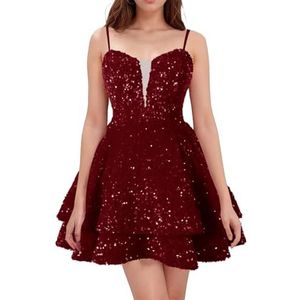 WSEYU Spaghetti Bandjes Homecoming Jurken Korte Sprankelende Pailletten Bruidsmeisje Afstuderen Cocktail Party Prom Gown ZM290, wijnrood, 32