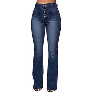 Broek uitlopende broek plus size casual dames jeans gewassen hoge taille button cut jeans vrouwen casual retro mode (Color : Dark Blue, Size : L)