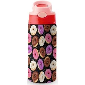 Donuts en confetti op zwarte 350 ml waterfles met rietje, koffiebeker, waterbeker, roestvrijstalen reismok voor dames en heren, roze stijl
