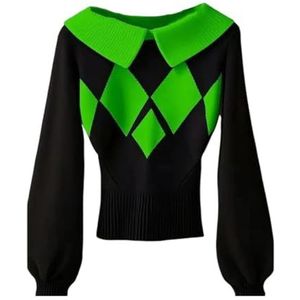 Dames Gebreide Trui Met Diamantpatroon, Warme Winterse Lange Mouwen en Slanke Trui for Casual en Kantoorkleding(Green)