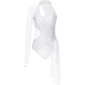 NUOYIXUAN Dames ballet gymnastiek turnpakje glitter een schouder pailletten pure mesh lyrische dansjurk danskleding kunstschaatsen jumpsuit, Zilver, XL