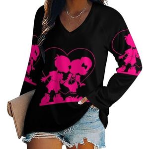 Love Heart Boy Kiss Girl vrouwen casual T-shirts met lange mouwen V-hals bedrukte grafische blouses Tee Tops 2XL