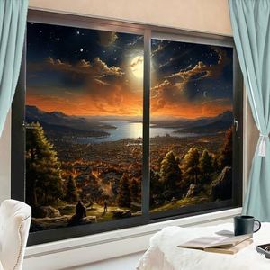 Platteland Nacht Landschap Raamfilm Warmteblokkerende Kleurrijke Maan Sterrenhemel Natuur Bomen Privacy Raam Decor Glazen Deur Bedekking Niet-klevende Raamfolie voor Badkamer Keuken 90 x 160 cm x2