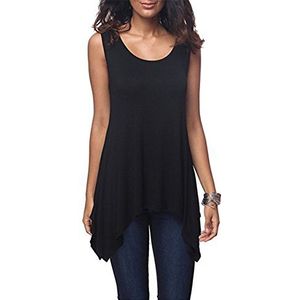 Dreamskull Dames vrouwen T-shirts bovenstuk blouses tops tuniek tunieken longshirt lang basic rugvrij mouwloos asymmetrisch katoen zomer dagelijks casual losse casual stretch S-3XL, zwart, L