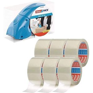Tesapack Pack' n' Go dispenser, ergonomische, blauwe plakbandafroller, inclusief 50 m x 48 mm plakband (1 dispensers + 6 rollen)