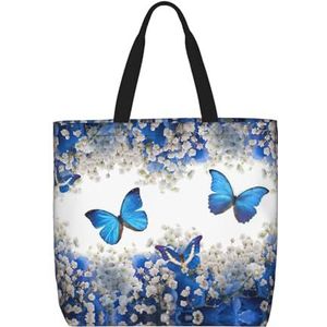 EdWal Mexicaanse Otomi Dieren Print Tote Bag Voor Vrouwen Schoudertassen Grote Boodschappen Handtas Crossbody Tas Voor Werk Reizen Winkelen, Blauwe vlinders witte bloemen, Eén maat