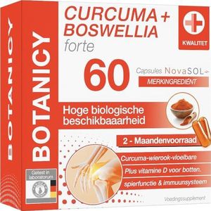 BOTANICY Curcuma + Boswellia forte - 60 kurkuma wierook capsules met merkgrondstof NovaSOL - Plus vitamine D3 voor botten en spieren - hoge biologische beschikbaarheid, wierook kurkuma capsules, hoge