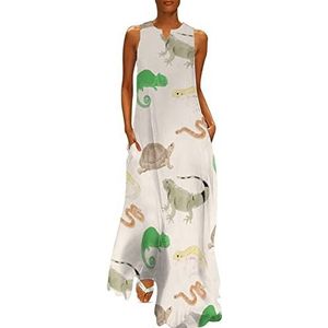 Hagedis schildpad luipaard gekko reptiel dames enkellengte jurk slim fit mouwloze maxi-jurken casual zonnejurk 4XL