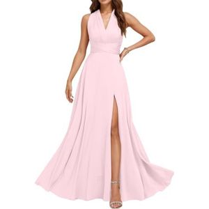 Chiffon bruidsmeisjesjurken voor dames, met split, lange baljurken, cocktailjurken, grote maten, roze, 32
