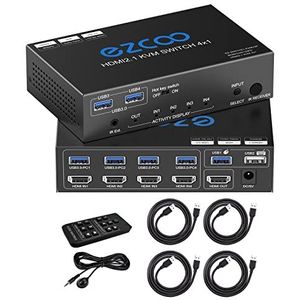8K HDMI 2.1 KVM Switch USB 3.0 4 poorten met hotkey 8K @ 60Hz 4K @ 120Hz 48Gbps Deel 4 computers met een toetsenbord Mous HDR D-olby Vision HDCP2.2 afstandsbediening USB 3.0 kabel x4