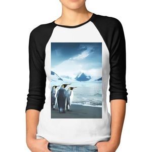 Leuke pinguïns foto's nemen vrouwen 3/4 mouw raglan shirts casual honkbal tops ronde hals T-shirt S-XXL, zwart, XXL