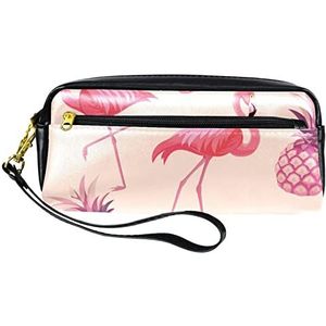 Kleine make-uptas voor dames,lederen make-uptasje,cosmetische reistas,Roze ananas en flamingo Afdrukken