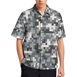 Digitale Pixel Camouflage Zomer Heren Shirts Casual Korte Mouw Button Down Blouse Strand Top met Zak 2XL