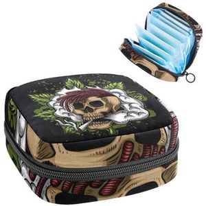 Opbergtas voor maandverband, maandverband, menstruatiecup zakje, organizer voor vrouwelijke pads, tampons, schedel rookblad