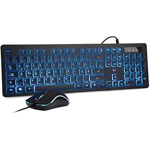 Rii Gaming toetsenbord en muis set met kabel, 3 LED-achtergrondverlichting QWERTZ (DE-lay-out), bekabeld toetsenbord met muis voor pc, computer, laptop, zwart