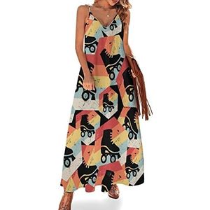 Vintage rolschaatsen dames zomer maxi-jurk V-hals mouwloze spaghettiband lange jurk