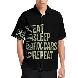 Monteur Eat Sleep Fix Cars Zomer Heren Shirts Casual Korte Mouw Button Down Blouse Strand Top met Zak XL