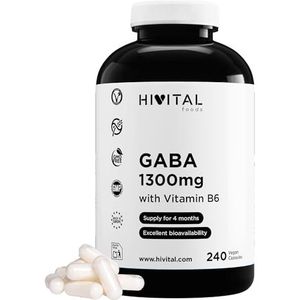 GABA 1300 mg met Vitamine B6. 240 veganistische capsules voor 4 maanden behandeling. Gamma Aminoboterzuur met 3,5 microgram Vitamine B6. Gefabriceerd in Europa door HIVITAL