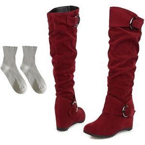 Dames Hoge Laarzen Met Sokken Modieuze Laarzen Met Lange Schacht En Gesp Retro Suède Instappers Met Sleehak Winter Warme Snowboots Vrijetijdsridderlaarzen for Outdoor, Feest(Red,43 EU)