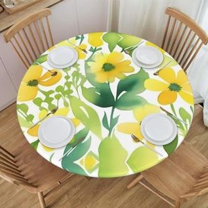 Kleine gele bloem patroon rond tafelkleed, waterdicht en afveegbaar met elastische randen, geschikt voor het versieren van ronde tafels.