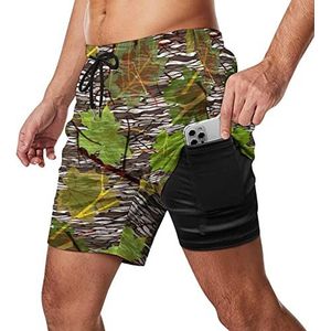 Camouflage met esdoornbladeren zwembroek voor heren, sneldrogend, 2-in-1 strandsportshorts met compressieliner en zak